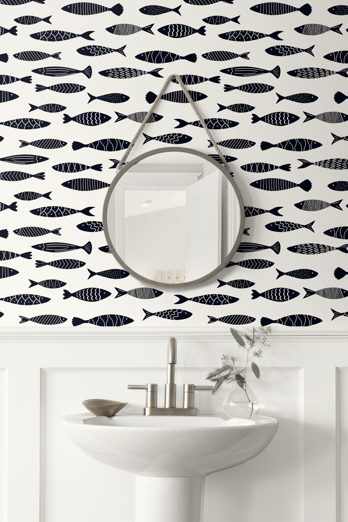 Bay Fish Black and White by Summer House Coastal Fish Wallpaper – Seabrook Designs SC21500