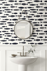 Bay Fish Black and White by Summer House Coastal Fish Wallpaper – Seabrook Designs SC21500