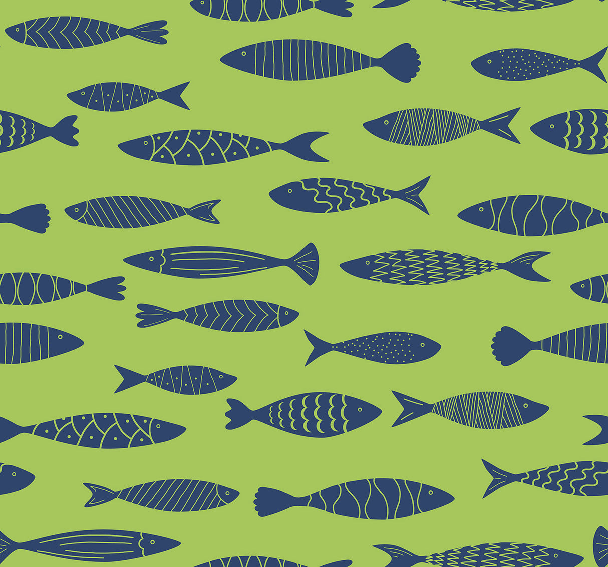 Bay Fish wallpaper pattern in Buckingham Green with navy fish illustrations