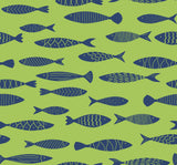 Bay Fish wallpaper pattern in Buckingham Green with navy fish illustrations