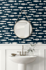 Bay Fish Deep Seas by Summer House Coastal Fish Wallpaper – Seabrook Designs SC21512