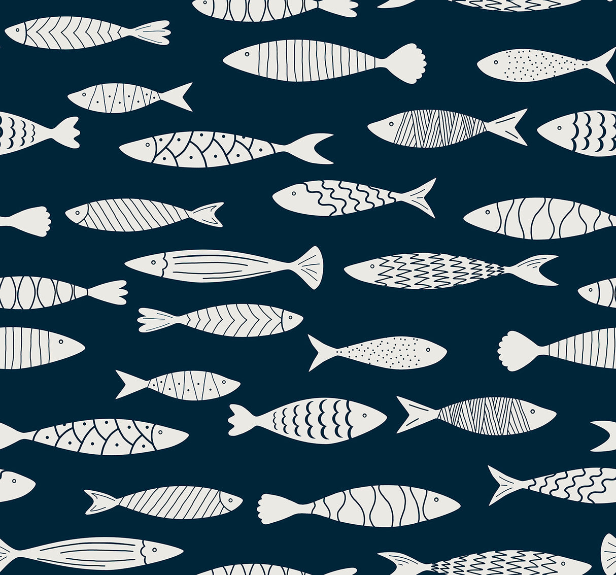 Bay Fish wallpaper in Deep Seas navy with white fish motif