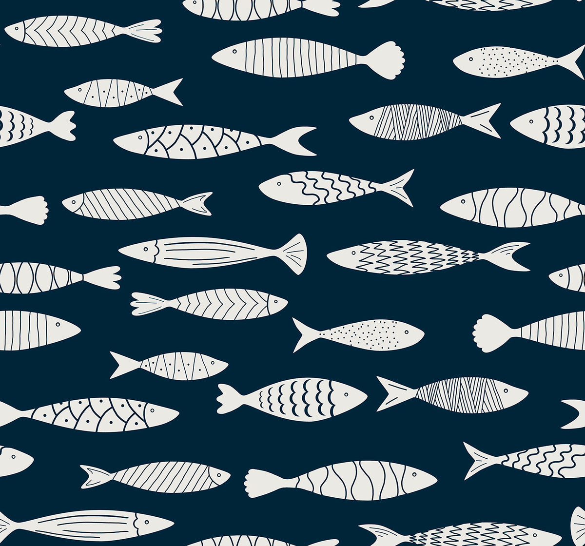 Bay Fish Deep Seas by Summer House Coastal Fish Wallpaper – Seabrook Designs SC21512