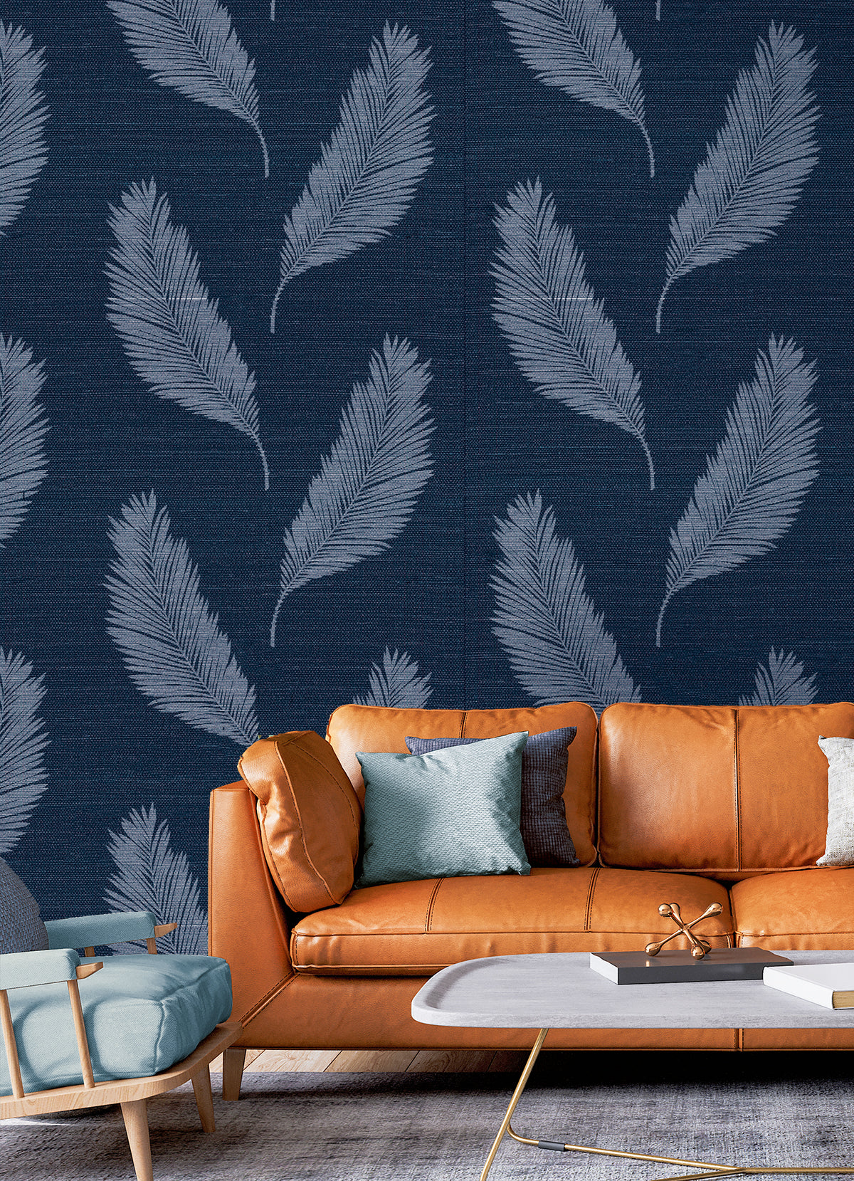 Tossed Palm Midnight Blue by Summer House Sisal Grasscloth Wallpaper – Seabrook Designs SC21602