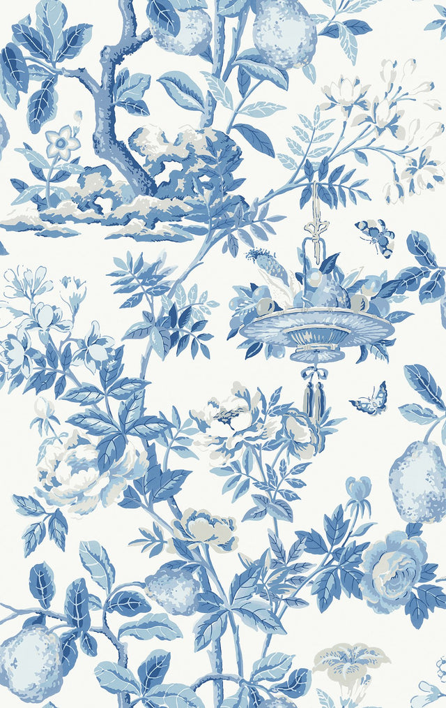 Delft Shantung Garden Blue Self Adhesive Wallpaper with Botanical Floral Pattern, Traditional Style - SCS3842