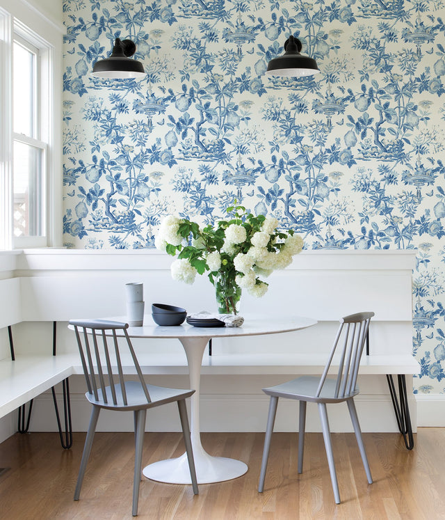 Delft Shantung Garden Blue Self Adhesive Wallpaper with Botanical Floral Pattern, Traditional Style - SCS3842