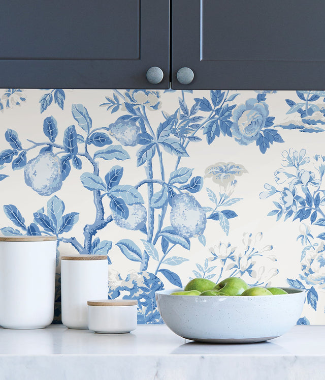 Delft Shantung Garden Blue Self Adhesive Wallpaper with Botanical Floral Pattern, Traditional Style - SCS3842