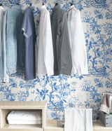 Delft Shantung Garden Blue Self Adhesive Wallpaper with Botanical Floral Pattern, Traditional Style - SCS3842