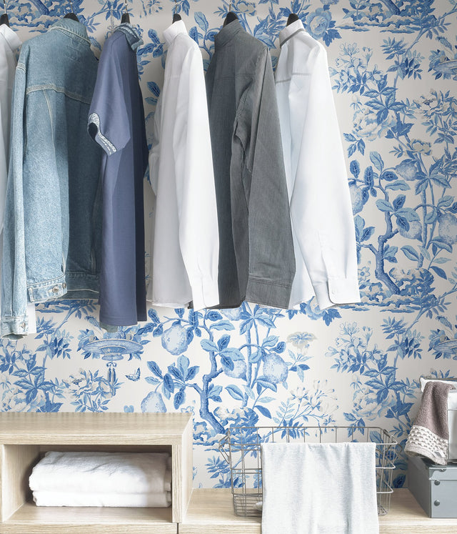 Delft Shantung Garden Blue Self Adhesive Wallpaper with Botanical Floral Pattern, Traditional Style - SCS3842
