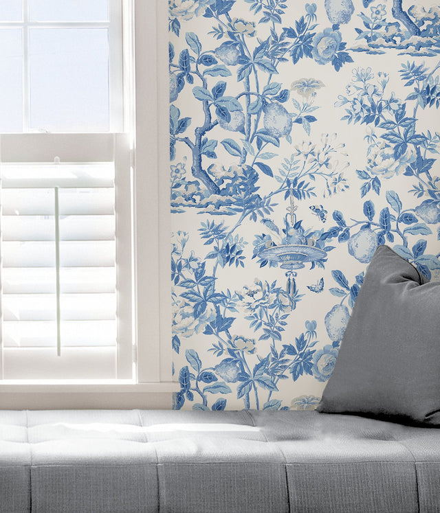 Delft Shantung Garden Blue Self Adhesive Wallpaper with Botanical Floral Pattern, Traditional Style - SCS3842