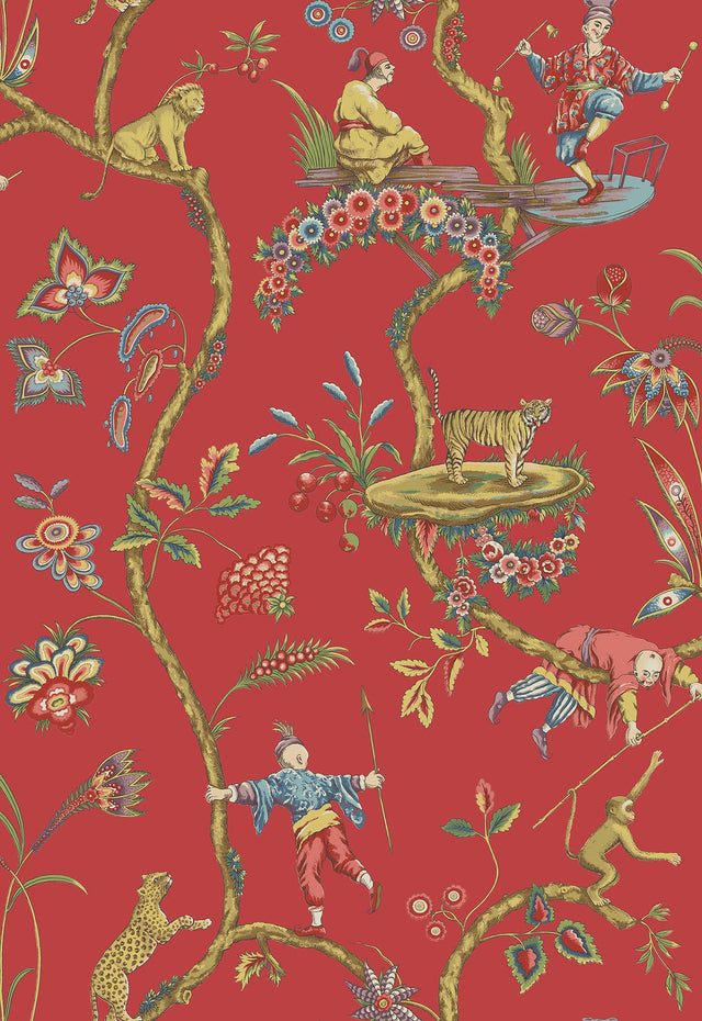 Tomato Chinoise Exotique Multicolor Peel & Stick Wallpaper with Chinoiserie Hunting Scene - SCS3844