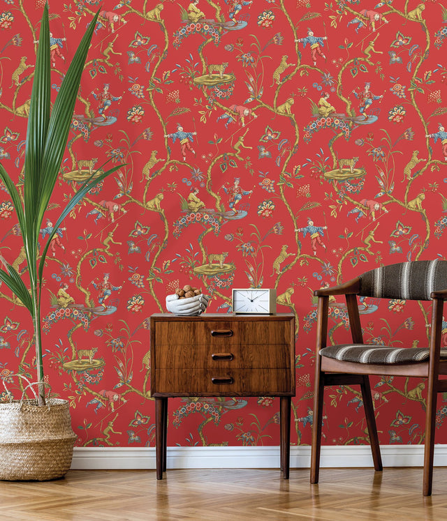 Tomato Chinoise Exotique Multicolor Peel & Stick Wallpaper with Chinoiserie Hunting Scene - SCS3844