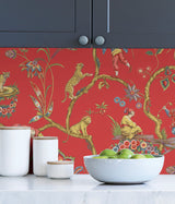 Tomato Chinoise Exotique Multicolor Peel & Stick Wallpaper with Chinoiserie Hunting Scene - SCS3844