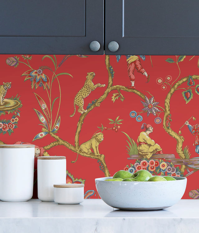 Tomato Chinoise Exotique Multicolor Peel & Stick Wallpaper with Chinoiserie Hunting Scene - SCS3844