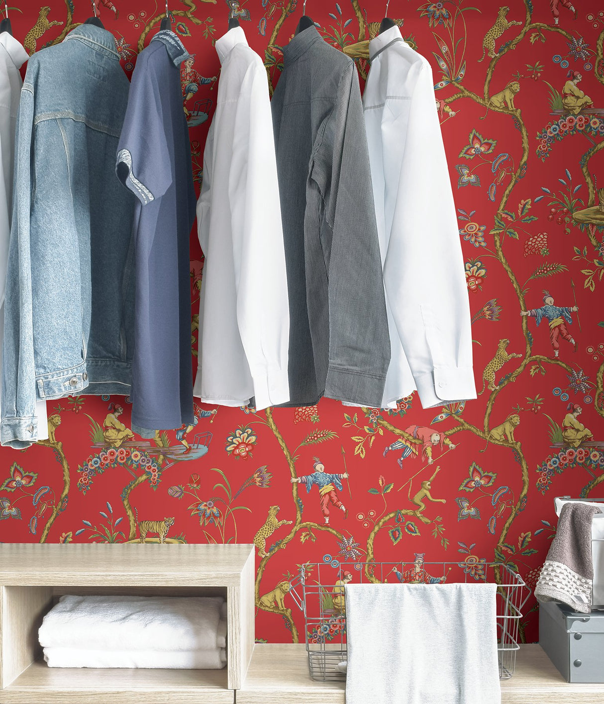 Tomato Chinoise Exotique Multicolor Peel & Stick Wallpaper with Chinoiserie Hunting Scene - SCS3844
