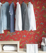 Tomato Chinoise Exotique Multicolor Peel & Stick Wallpaper with Chinoiserie Hunting Scene - SCS3844