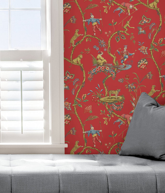 Tomato Chinoise Exotique Multicolor Peel & Stick Wallpaper with Chinoiserie Hunting Scene - SCS3844
