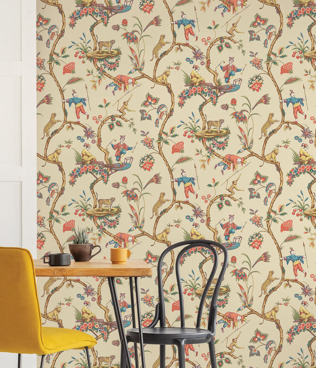 Ecru Chinoise Exotique Peel & Stick Wallpaper with Chinoiserie Feature Wall Motif - NuWallpaper SCS3845