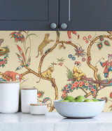 Ecru Chinoise Exotique Peel & Stick Wallpaper with Chinoiserie Feature Wall Motif - NuWallpaper SCS3845
