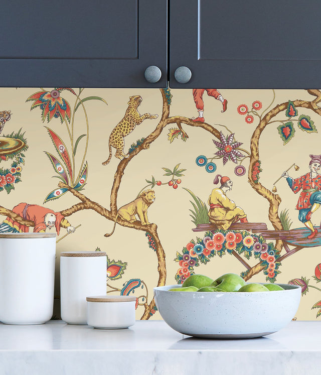 Ecru Chinoise Exotique Peel & Stick Wallpaper with Chinoiserie Feature Wall Motif - NuWallpaper SCS3845