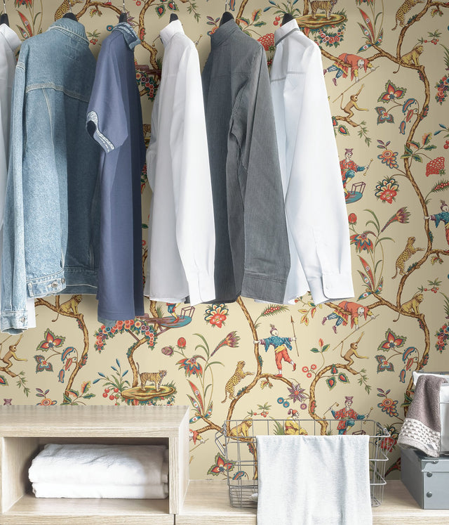Ecru Chinoise Exotique Peel & Stick Wallpaper with Chinoiserie Feature Wall Motif - NuWallpaper SCS3845