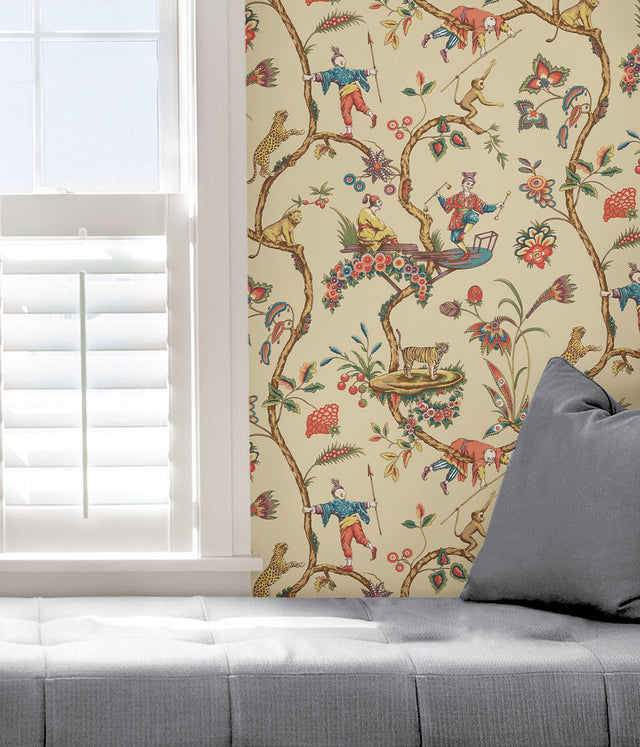 Ecru Chinoise Exotique Peel & Stick Wallpaper with Chinoiserie Feature Wall Motif - NuWallpaper SCS3845