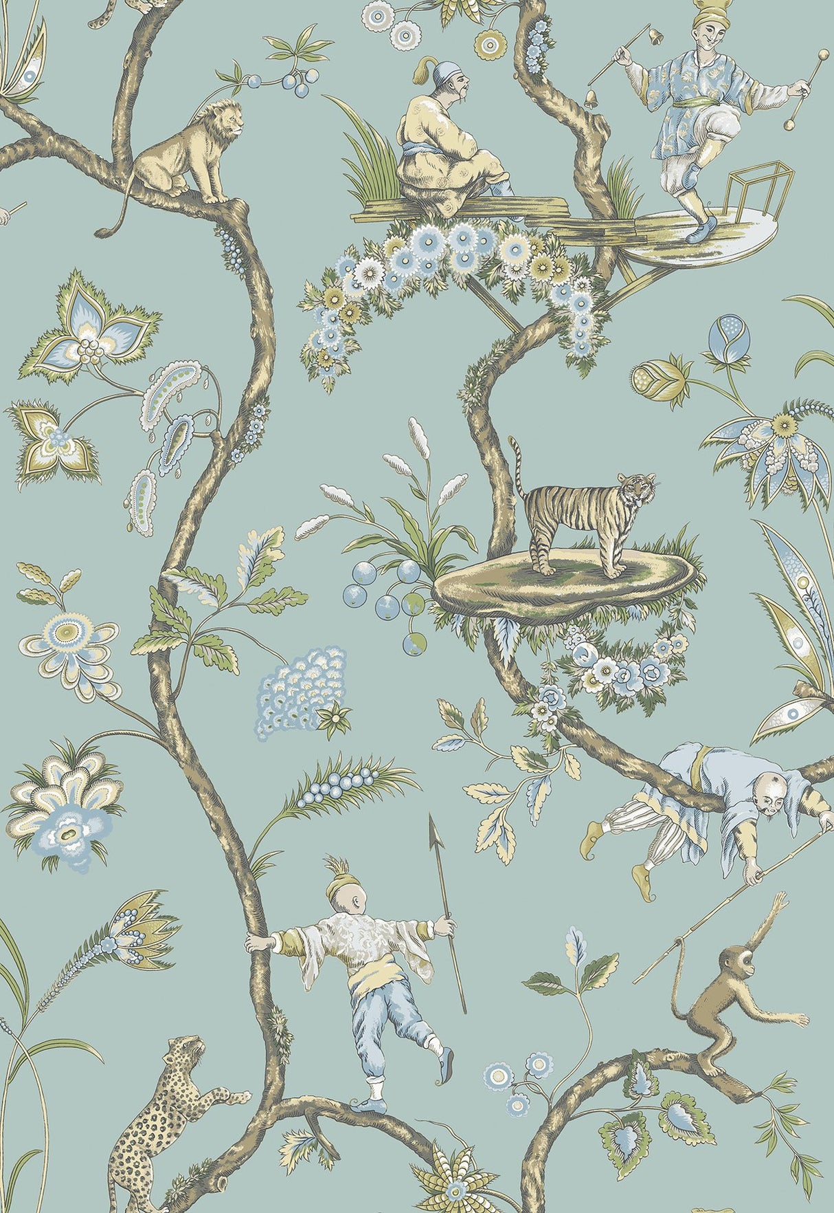 Robin's Egg Blue Chinoise Exotique Peel & Stick Wallpaper with Chinoiserie Hunting Scene Pattern - NuWallpaper SCS3846