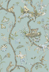 Robin's Egg Blue Chinoise Exotique Peel & Stick Wallpaper with Chinoiserie Hunting Scene Pattern - NuWallpaper SCS3846