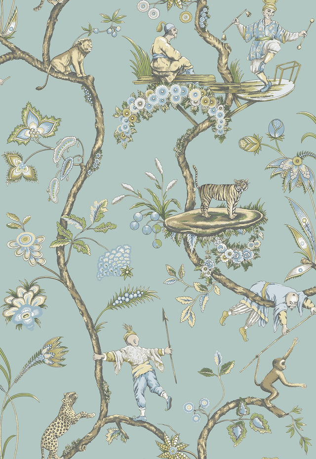 Robin's Egg Blue Chinoise Exotique Peel & Stick Wallpaper with Chinoiserie Hunting Scene Pattern - NuWallpaper SCS3846
