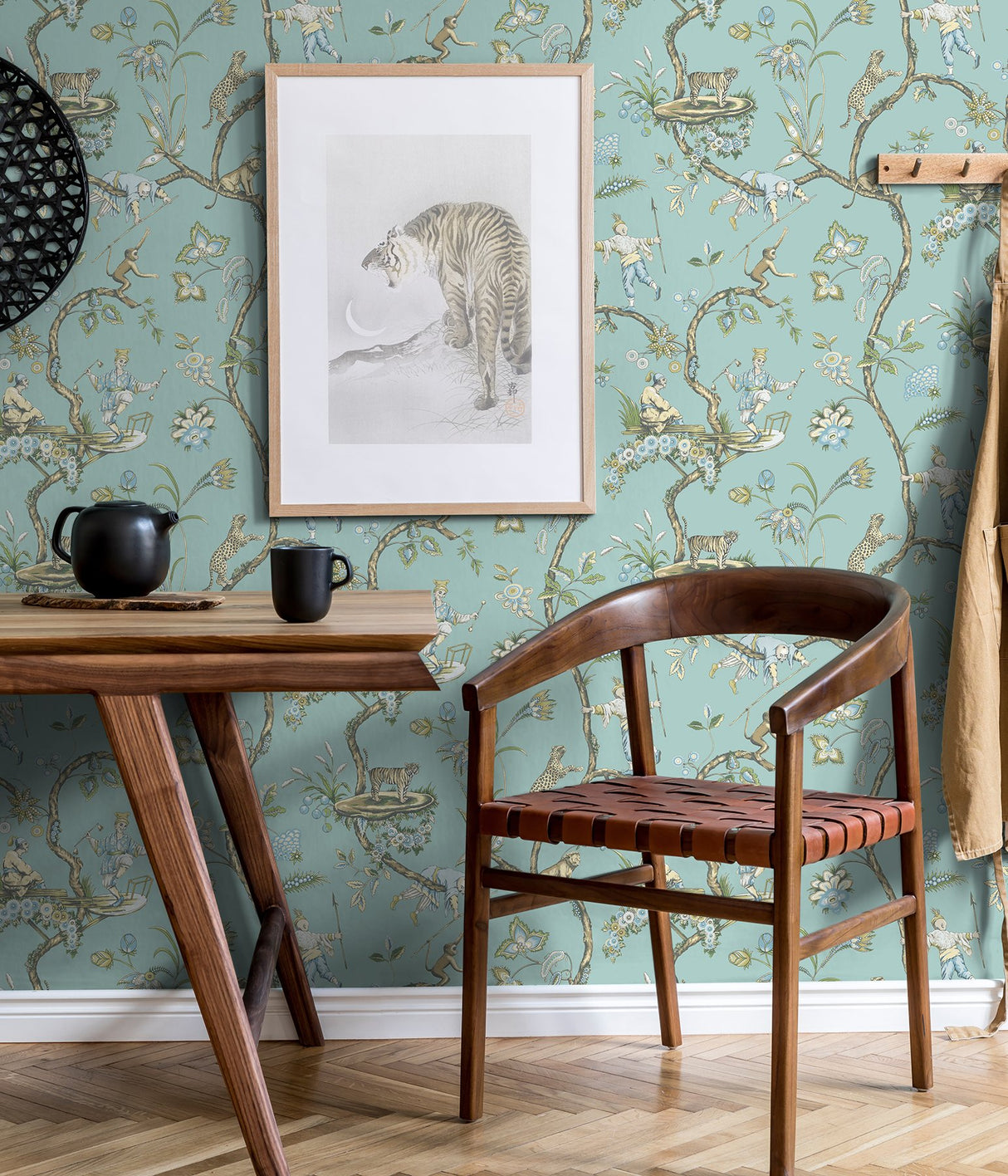 Robin's Egg Blue Chinoise Exotique Peel & Stick Wallpaper with Chinoiserie Hunting Scene Pattern - NuWallpaper SCS3846