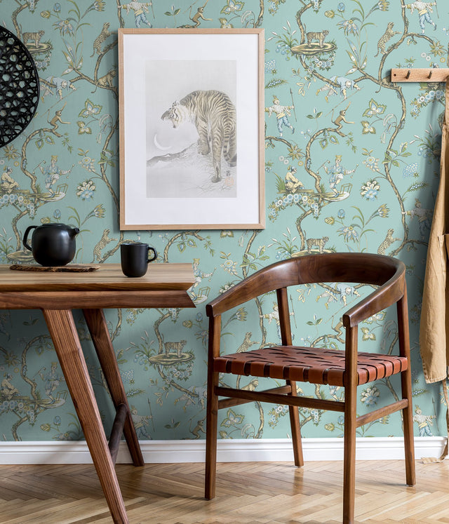 Robin's Egg Blue Chinoise Exotique Peel & Stick Wallpaper with Chinoiserie Hunting Scene Pattern - NuWallpaper SCS3846