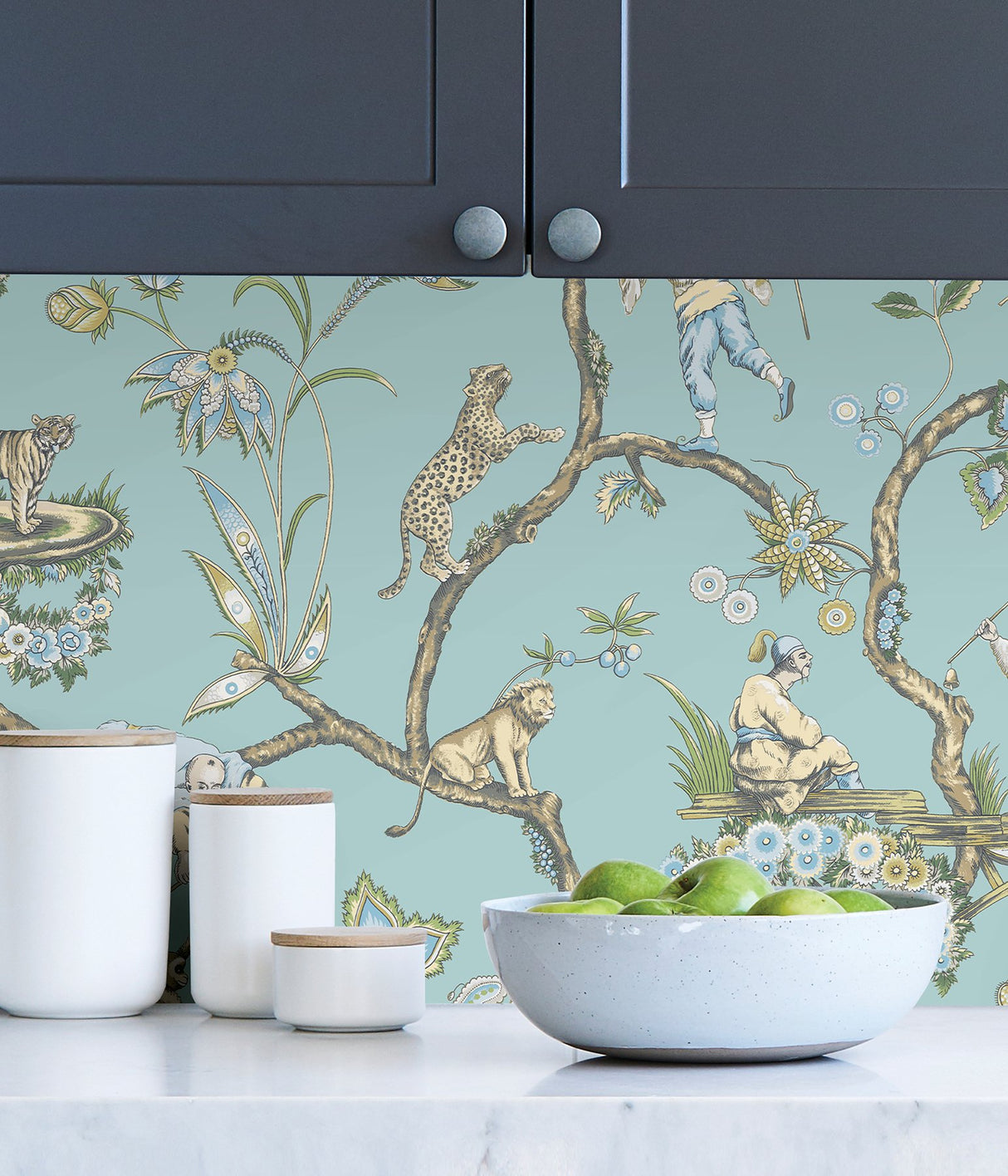 Robin's Egg Blue Chinoise Exotique Peel & Stick Wallpaper with Chinoiserie Hunting Scene Pattern - NuWallpaper SCS3846