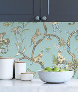 Robin's Egg Blue Chinoise Exotique Peel & Stick Wallpaper with Chinoiserie Hunting Scene Pattern - NuWallpaper SCS3846