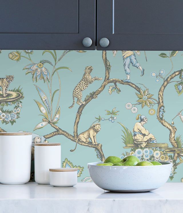Robin's Egg Blue Chinoise Exotique Peel & Stick Wallpaper with Chinoiserie Hunting Scene Pattern - NuWallpaper SCS3846