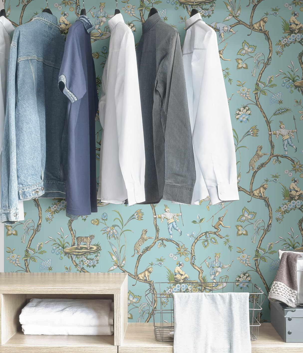 Robin's Egg Blue Chinoise Exotique Peel & Stick Wallpaper with Chinoiserie Hunting Scene Pattern - NuWallpaper SCS3846