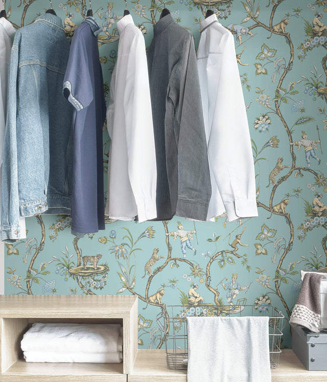 Robin's Egg Blue Chinoise Exotique Peel & Stick Wallpaper with Chinoiserie Hunting Scene Pattern - NuWallpaper SCS3846