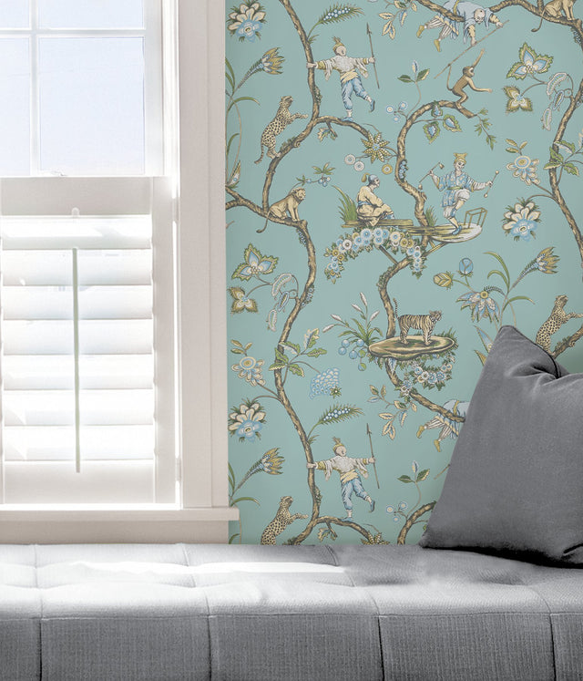 Robin's Egg Blue Chinoise Exotique Peel & Stick Wallpaper with Chinoiserie Hunting Scene Pattern - NuWallpaper SCS3846