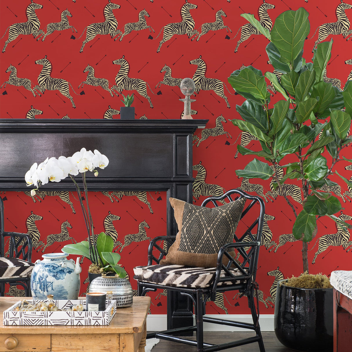 Masai Red Zebra Safari Peel & Stick Wallpaper with Iconic Scalamandre Zebra Print - SCS3869