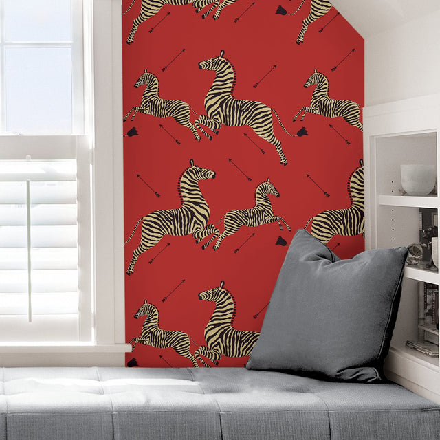Masai Red Zebra Safari Peel & Stick Wallpaper with Iconic Scalamandre Zebra Print - SCS3869