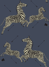 Zebra Safari Denim Peel & Stick Wallpaper with Leaping Zebras Pattern - Scalamandre SCS3870