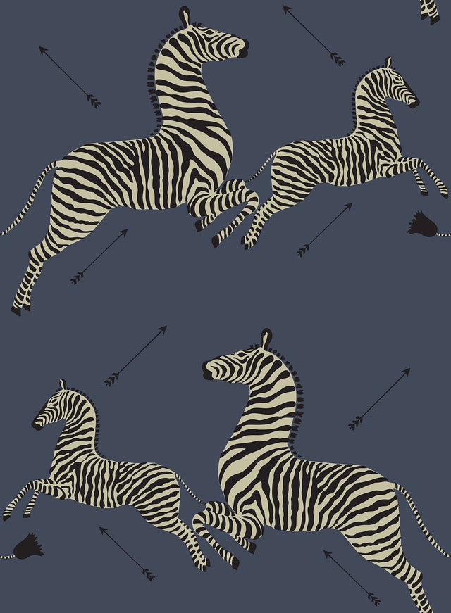 Zebra Safari Denim Peel & Stick Wallpaper with Leaping Zebras Pattern - Scalamandre SCS3870