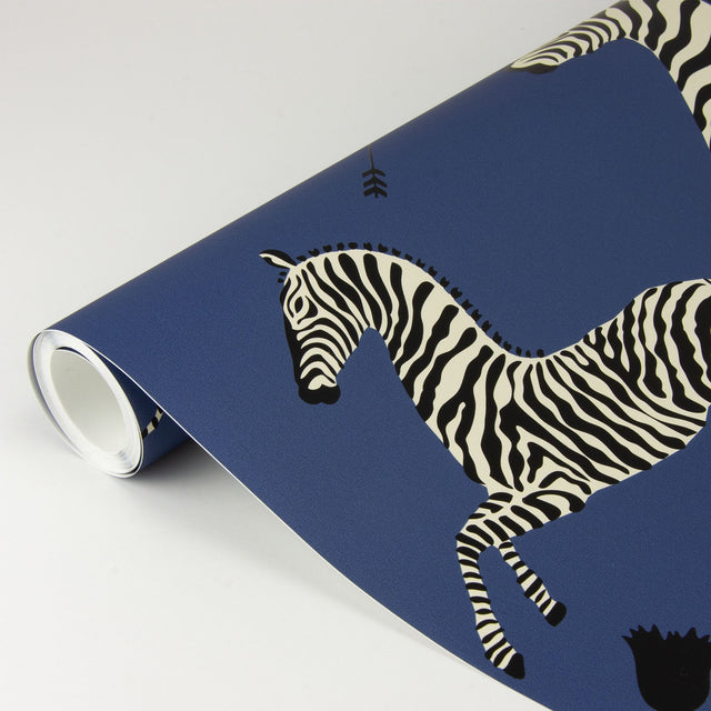 Zebra Safari Denim Peel & Stick Wallpaper with Leaping Zebras Pattern - Scalamandre SCS3870