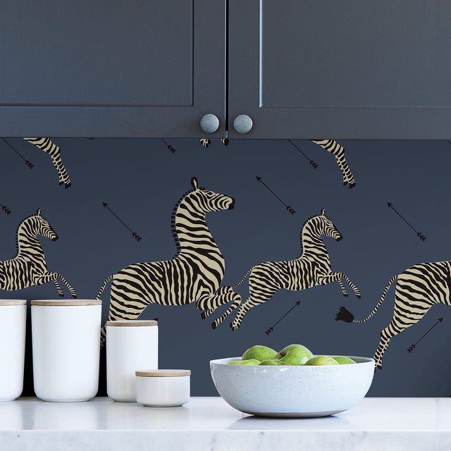 Zebra Safari Denim Peel & Stick Wallpaper with Leaping Zebras Pattern - Scalamandre SCS3870