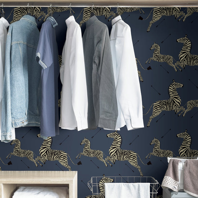 Zebra Safari Denim Peel & Stick Wallpaper with Leaping Zebras Pattern - Scalamandre SCS3870