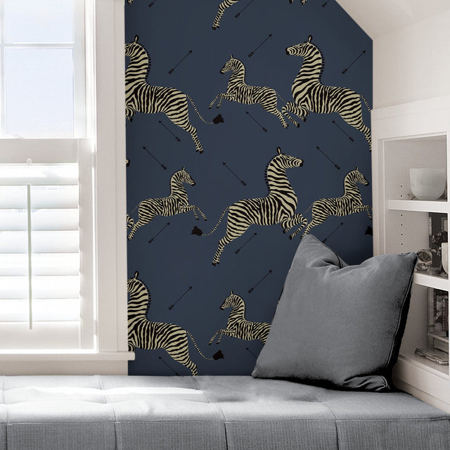 Zebra Safari Denim Peel & Stick Wallpaper with Leaping Zebras Pattern - Scalamandre SCS3870