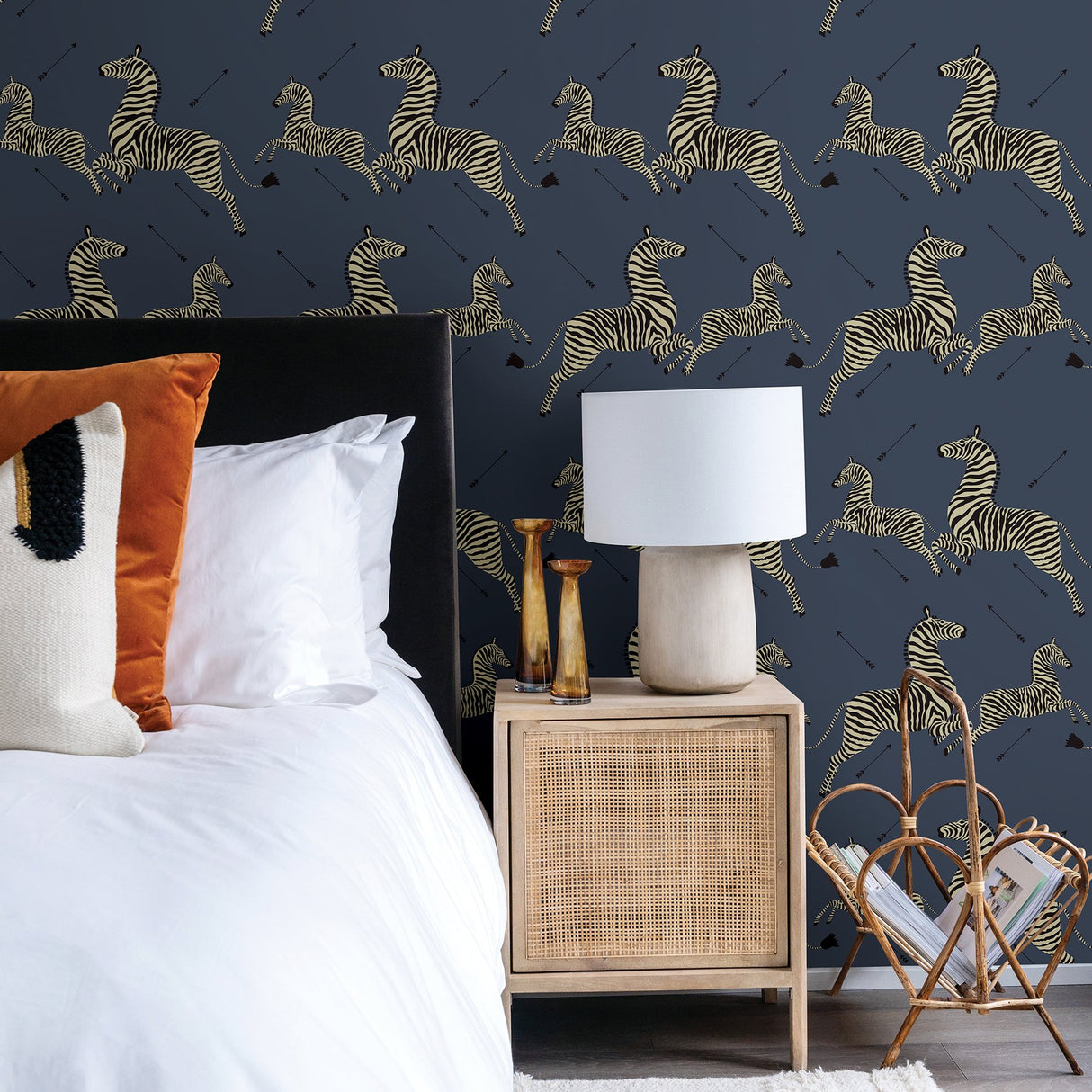 Zebra Safari Denim Peel & Stick Wallpaper with Leaping Zebras Pattern - Scalamandre SCS3870
