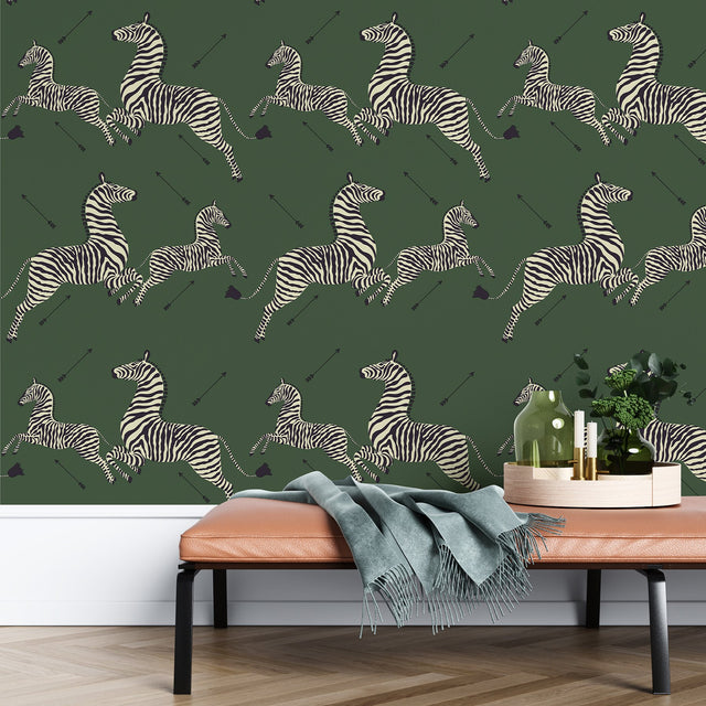 Serengeti Green Zebra Safari Peel & Stick Wallpaper with Scalamandré Signature Zebra Print - SCS3871