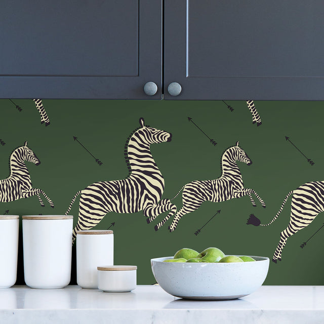 Serengeti Green Zebra Safari Peel & Stick Wallpaper with Scalamandré Signature Zebra Print - SCS3871