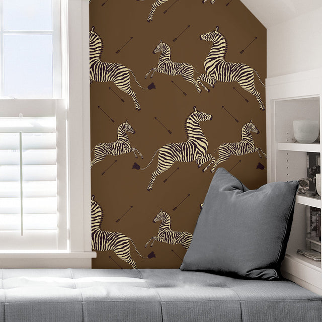 Safari Brown Zebra Safari Scalamandre Self Adhesive Wallpaper with Zebra Print Feature Wall - SCS3872