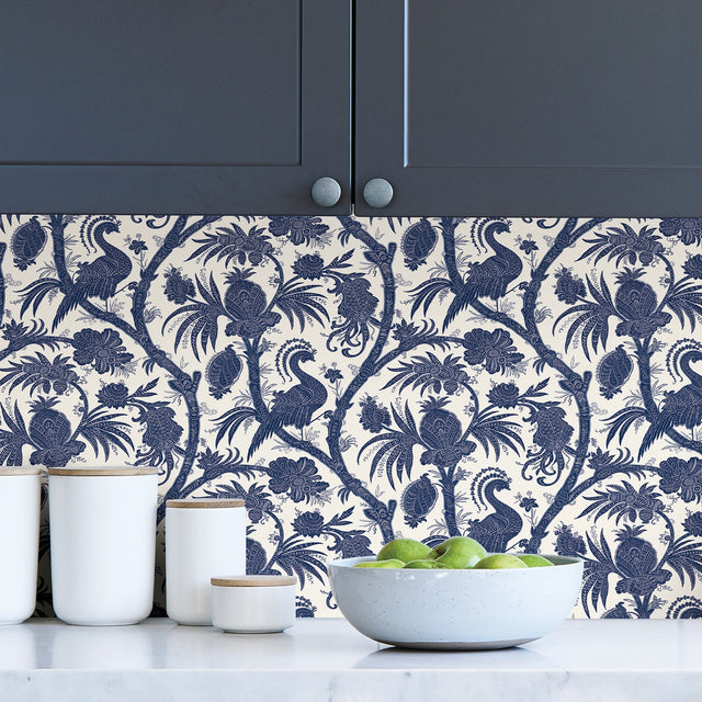 Indigo Balinese Peacock Scalamandre Self Adhesive Wallpaper